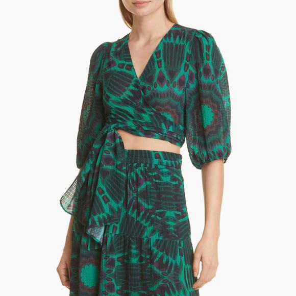 NWOT BA&SH Cally Ikat-print Gauze Crop Top Blouse In Vert Side Tie  Size Small - Picture 2 of 14